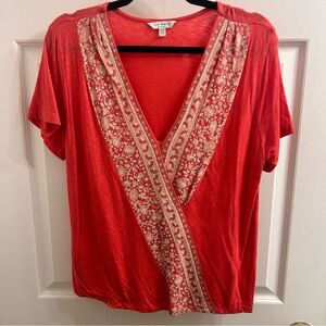 Lucky Brand Faux Wrap Blouse With Floral Detail - Red Orange - L
